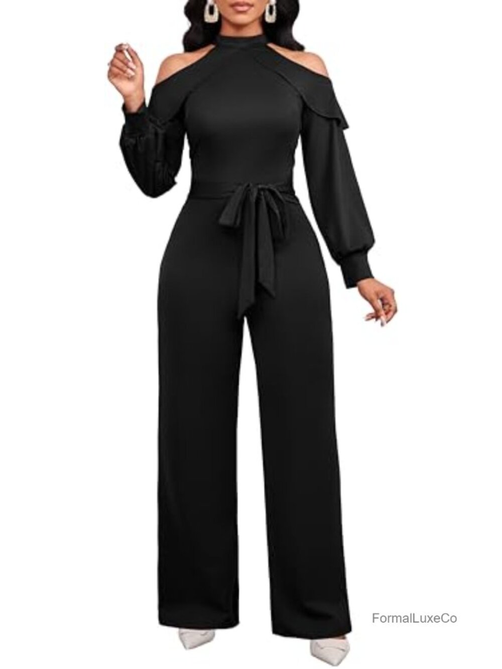 Women's Dressy Cold Shoulder Jumpsuit Long Sleeve Business Romper with Belt